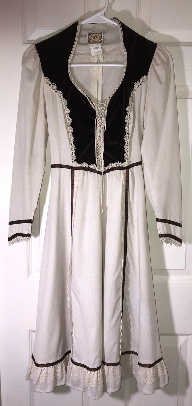 Gunne Sax Dress Peasant Prairie Ivory Brown Velveteen Medi Sz 5 **LIGHT stain**